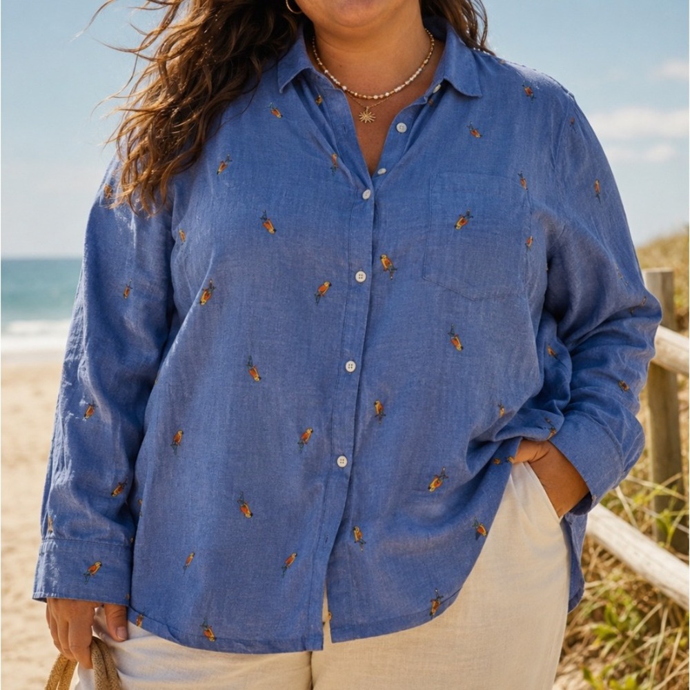 Old Navy Womens Chambray Button Down Shirt XL Cotton Tropical Parrots Resort AOP